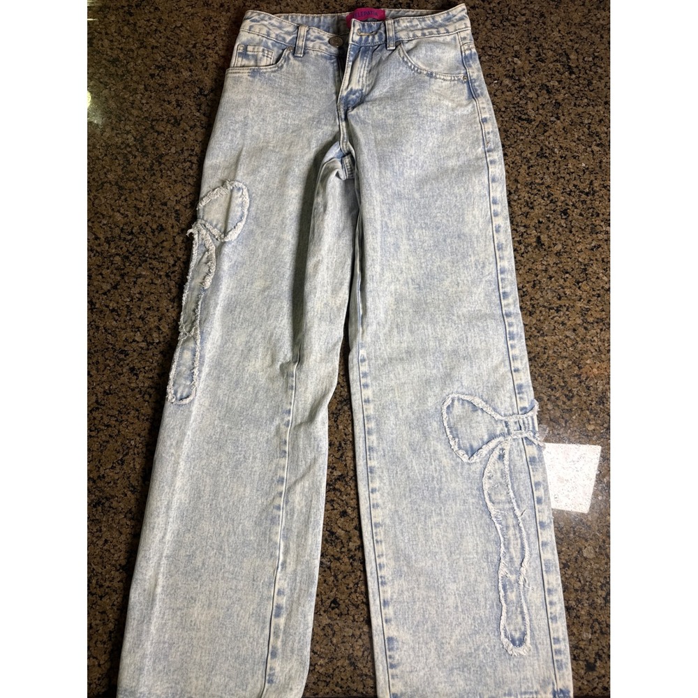 Telepatia Light Wash Wide Leg Jeans Bow Applique Coquette Denim Blue Size 0/24